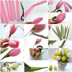 the process of making tulips out of paper is shown with scissors and flowers