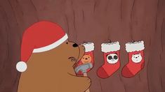 a cartoon bear with three christmas stockings hanging from it's side and two bears in the background