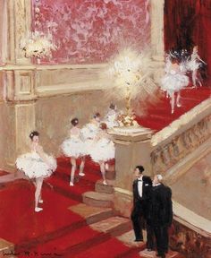 an oil painting of people in white tuxedos on red carpeted stairs with chandeliers