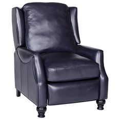 a black leather recliner chair on a white background