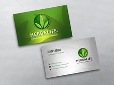 a business card with a green leaf logo on the front and bottom, along with a white background