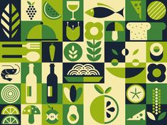 an image of food and drink icons on a green background