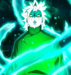 an anime character with white hair and green eyes, standing in front of blue swirls