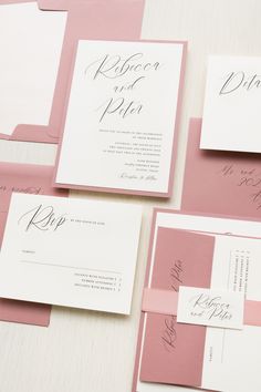 pink and white wedding stationery with calligraphy