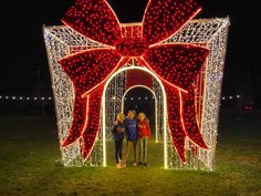 two women standing in front of a lit archway with a bow on it at night