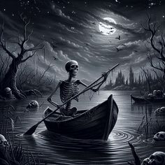 a skeleton sitting in a boat on the water at night with full moon and bats