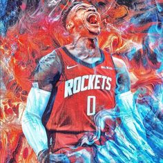 a painting of a basketball player with his mouth open and the words rockets on it