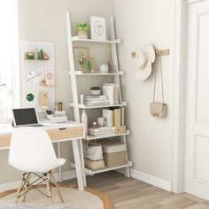 a white desk with a laptop computer on top of it next to a book shelf