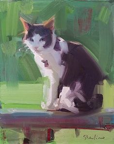 a painting of a black and white cat sitting on top of a piece of wood