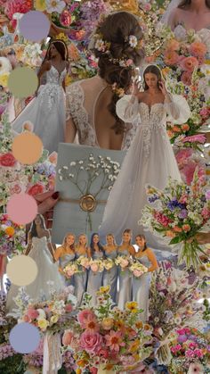 a collage of flowers and brides in wedding gowns, surrounded by paper cutouts