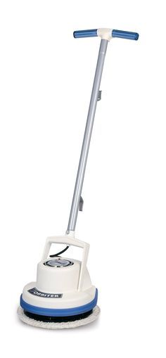 a white and blue floor polisher on a white background