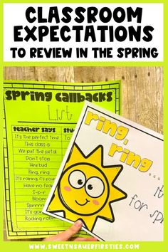 classroom expectations to review in the spring with an image of a sun and words on it