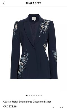 Spring Wedding Embellished Blazer, Elegant Party Blazer With Floral Embroidery, Elegant Floral Embroidered Outerwear For Work, Elegant Blue Embroidered Outerwear, Elegant Embroidered Blazer For Work, Elegant Blazer With Floral Embroidery For Wedding, Elegant Floral Embroidered Blazer For Wedding, Elegant Blue Embellished Outerwear, Elegant Embellished Blue Outerwear