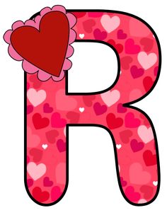 the letter r with hearts on it is pink and has a red heart in its center