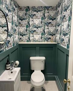 a white toilet sitting next to a sink in a bathroom under a mirror on top of a wall