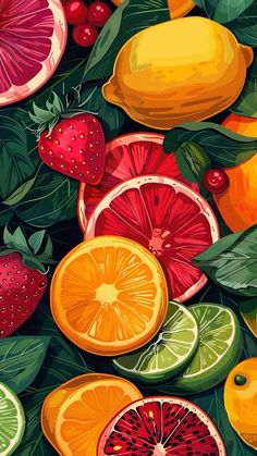 a bunch of fruit that are on top of some green leafy plants and oranges