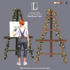 an image of a woman standing in front of a easel with christmas lights on it