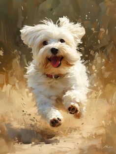 a painting of a white dog running in the dirt