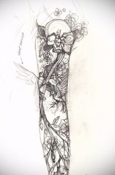 a drawing of a woman's arm with flowers and leaves on the arm, in black and white