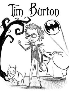 a black and white drawing of tim burton