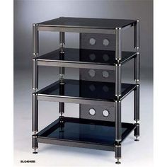 three tiered shelf with black glass and metal trims on the bottom, four shelves are