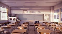 an empty classroom with desks and chairs