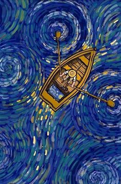 a painting of a boat floating in the middle of blue water with swirls around it