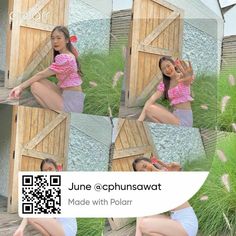 a woman sitting on top of a wooden floor next to a wall with grass and flowers