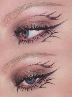 two pictures of the same woman's eyes with long lashes and eyeliners