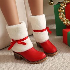 christmas red calf boots white fur trim bow - {region_name} Bow Women, Embroidered Boots, Boots White, Christmas Leggings, Womens Mid Calf Boots, White Fur