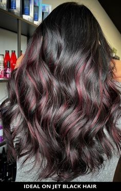 Red Highlight On Black Hair, Colour Highlights Hair, Light Red Highlights In Black Hair, Burgundy Lowlights In Black Hair, Black Hair With Red Shine, Black With Dark Red Highlights, Merlot Highlights On Dark Hair, Dark Brown And Red Hair Highlights, Partial Red Highlights In Brown Hair