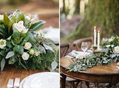 the table is set with white flowers and greenery for an elegant wedding reception in the woods