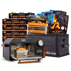 an open toaster oven sitting in front of several packs of fire and seasoning