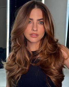 Blonde Highlights For Brown Skin, Auburn Hair With Money Piece Highlights, Dark Auburn Hair Green Eyes, Blonde To Chocolate Brown Hair, Dark Blonde With Red Undertones, Dark Blonde Copper Hair, Brunette Red Undertones, Light Brown Hair With Curtain Bangs, Butterscotch Brown Hair