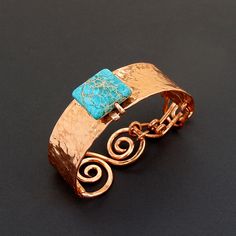 Copper and Aqua Jasper Cuff | Flickr - Photo Sharing! Basic Bracelet, Eclectic Jewelry, Copper Jewellery, Copper Jewelry Handmade, Metalwork Jewelry, Precious Metal Clay, Jewellery Inspiration, Copper Cuff, Wire Work Jewelry