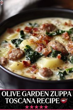 a bowl of soup with sausage, spinach and cheese in it on a table