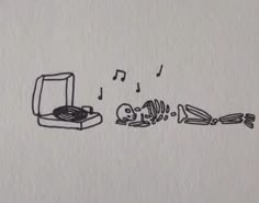 a drawing of an old record player with music notes coming out of it and a dead fish lying on the floor