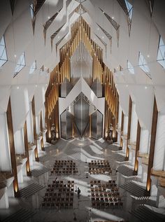 the interior of a large church with rows of pews and wooden benches on each side