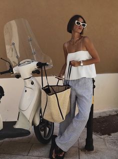 White Strap Top Outfit, Euro Beach Outfit, Lunch Summer Outfit, Italy Fashion Aesthetic, White Spaghetti Strap Top, Statement Sunglasses, Summer Outfits 2024, White Spaghetti, White Spaghetti Strap