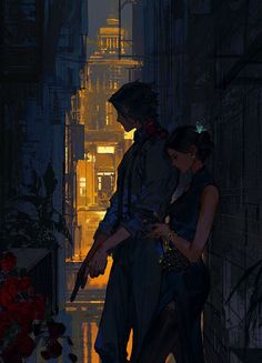 a man and woman standing next to each other in an alley at night with flowers on the ground