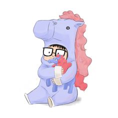 a drawing of a person in glasses hugging a hippopotamus with pink hair