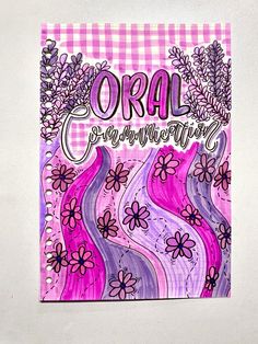 a card with the words oral crayon art written on it in pink and purple