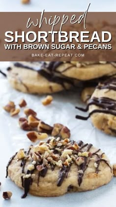 chocolate drizzled shortbread cookies with brown sugar and pecans on top