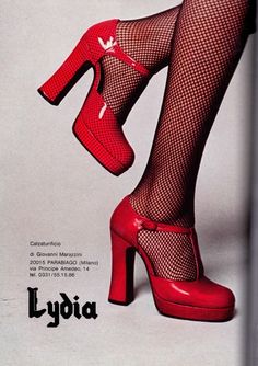 TheHistorialist: 70's | LYDIA | PARABIAGO, MILAN |fashion style vintage 70s platform shoe ad red heels ankle strap color photo print ad 70s Heels, 70s Platform Shoes, 70s Vintage Fashion, 60s 70s Fashion, Fashion 70s, 70’s Fashion, 1970s Fashion