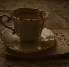 a coffee cup and saucer sitting on top of a book