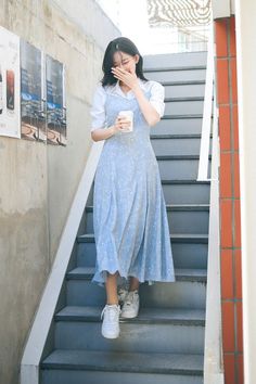 Aesthetic Frocks For Women, Summer Dresses Modest Casual, Blue Frocks For Women, Korean Frocks For Women, Modest Frocks, Summer Tops Modest, Modest Girly Outfits, Outfits Black Women