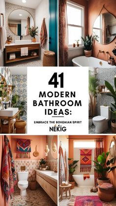 Bring the spirit of wanderlust into your bathroom with these 41 modern boho bathroom ideas. Discover designs that incorporate natural textures, global accents, and eclectic touches to create a bohemian-inspired space that feels both modern and worldly. From vintage rugs to woven baskets, find inspiration to infuse your bathroom with boho charm. #ModernBohoBathroom #Wanderlust #InteriorDesignInspiration Moracan Theme Bathroom, Bold Bathroom Design, Funky Half Bathroom Ideas, Terracotta Bathroom Walls, Moroccan Decor Bathroom, Bohemian Bathroom Ideas, Bathroom Ideas Indian, Modern Eclectic Bathroom, Eclectic Bathroom Decor