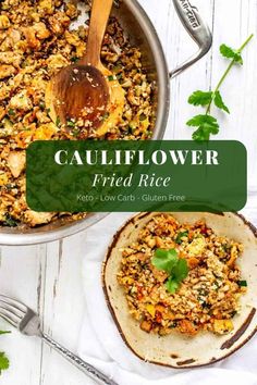 cauliflower fried rice in a skillet with a wooden spoon next to it