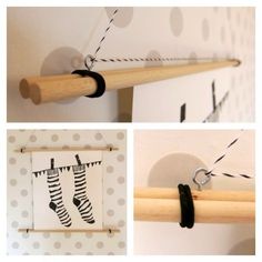 three pictures showing different ways to hang clothes on the pegs and tie them together