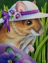 a painting of a mouse wearing a purple hat with flowers on it's head